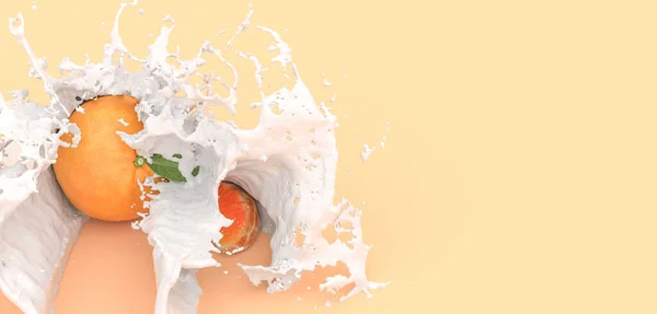 黄色背景上的橘子 在牛奶的飞溅中 3D插图 — 图库照片