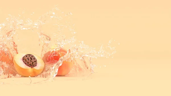 水花中黄色背景上的桃子 3D插图 — 图库照片