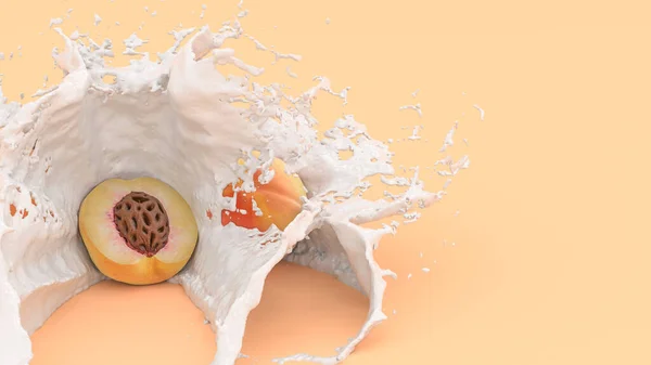 黄色背景上的桃子 在牛奶的飞溅中 3D插图 — 图库照片