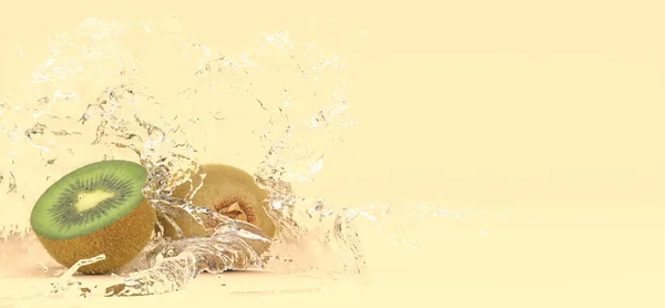 Киви Желтом Фоне Брызгах Воды Иллюстрация — стоковое фото