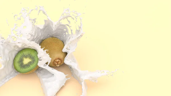 在黄色背景上的猕猴桃 在牛奶的飞溅中 3D插图 — 图库照片
