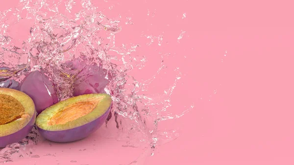 Mor arkaplandaki erik su sıçramaları, 3 boyutlu illüstrasyon