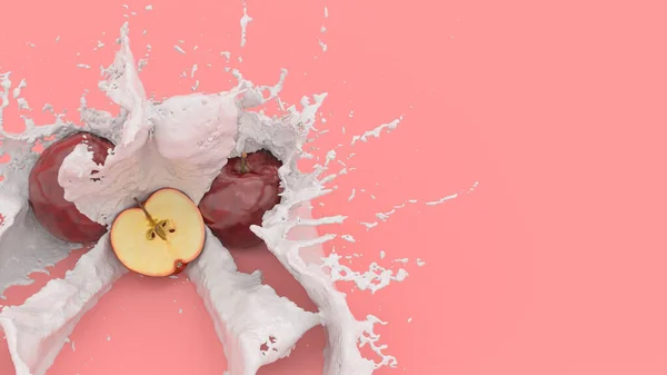 红色背景的苹果 在牛奶的飞溅中 3D插图 — 图库照片