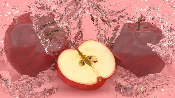水花中红色背景的苹果 3D插图 — 图库照片