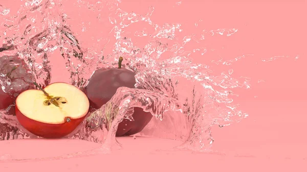 Manzanas Sobre Fondo Rojo Salpicaduras Agua Ilustración — Foto de Stock