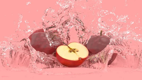 水花中红色背景的苹果 3D插图 — 图库照片