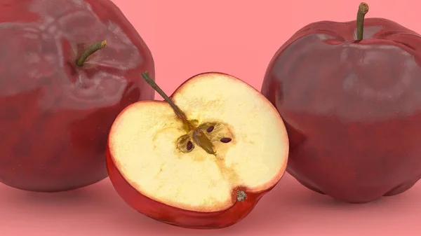 红色背景的苹果 3D插图 — 图库照片