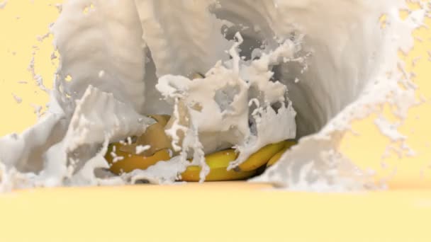 Plusieurs Bananes Sur Fond Jaune Dans Soupçon Lait Animation — Video