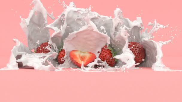 Aardbeien Een Rode Achtergrond Een Scheut Melk Animatie — Stockvideo