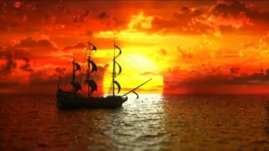 Yelkenli gemi arka planda güzel bir günbatımı, 3D animasyon