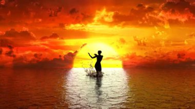 Günbatımı arka planında dans eden bir kadının silüeti, 3D animasyon.