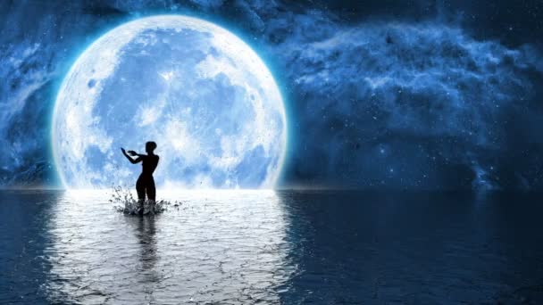 大きな月や3Dアニメーションを背景に海で踊る女性のシルエットが — ストック動画