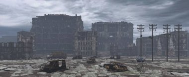 Yıkık bir post-apokaliptik şehir manzarası, 3D illüstrasyon