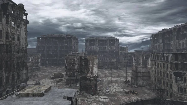 破壊されたポスト黙示録の街の眺め3Dイラスト ストックフォト