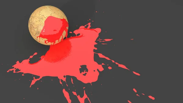 retro globe stained with red paint in the form of a blot, 3d illustration