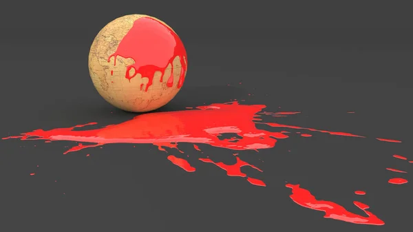 retro globe stained with red paint in the form of a blot, 3d illustration