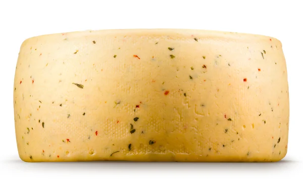 Roda de queijo isolada sobre fundo branco . — Fotografia de Stock