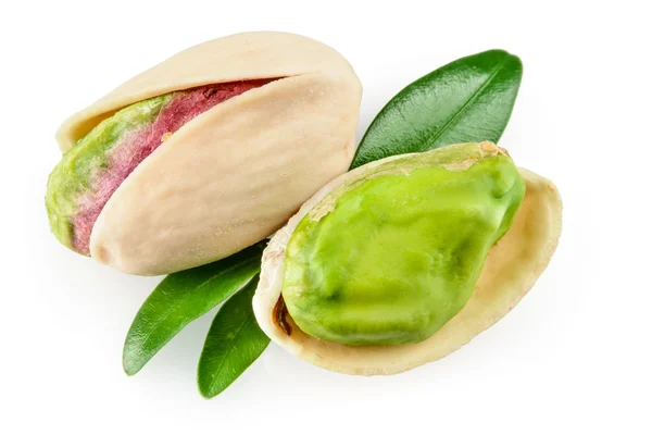 Pistachio with leaves, isolated on white background — Stock Photo, Image