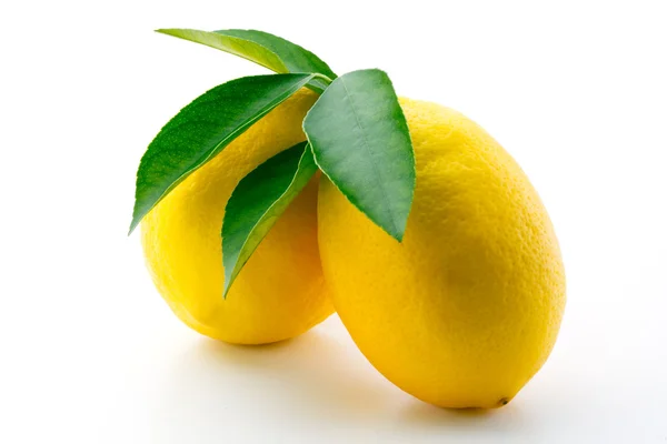 Limões com folhas isoladas sobre fundo branco — Fotografia de Stock