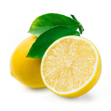 Limon. Beyaz arka planda yaprakları olan meyveler.