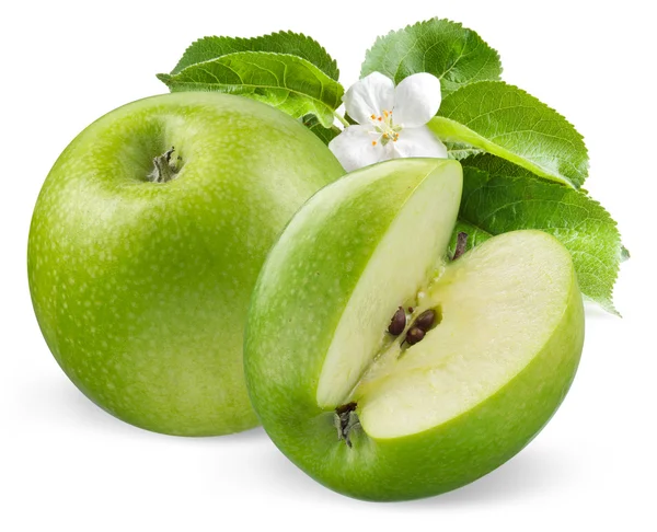 Green apples with flower isolated on white background — Stock Photo, Image