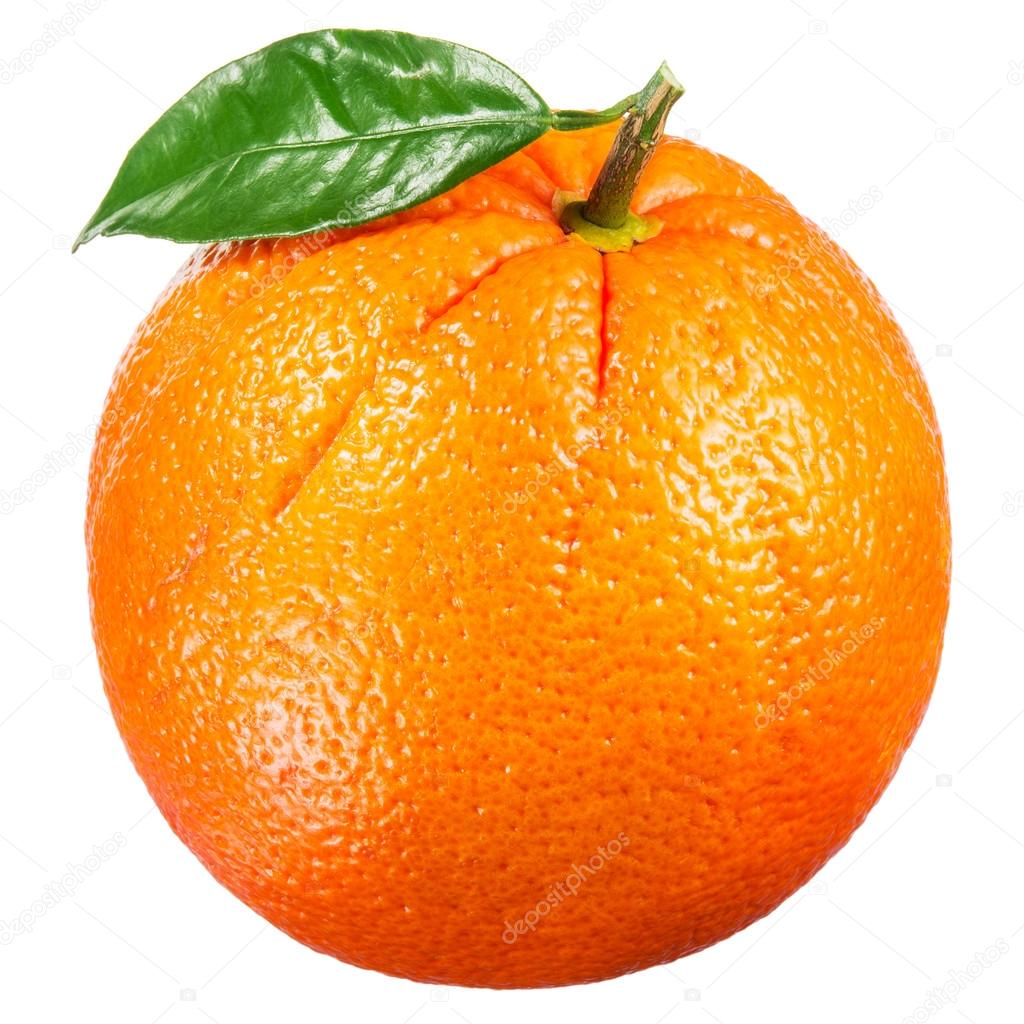Orange fruit with leaf isolated on white.