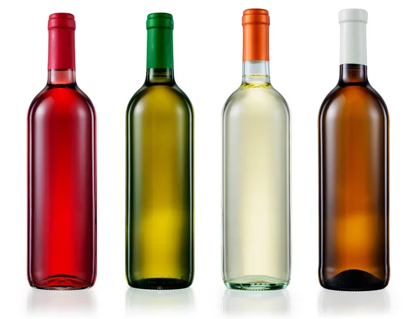 Set of white, rose, and red wine bottles. isolated on white. Wit — Stock Photo, Image