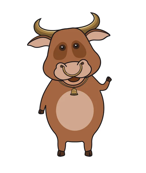 Un toro con un anillo dentro y una campana agitando su pezuña. Carácter de toro sonriente. Ilustración vectorial — Archivo Imágenes Vectoriales