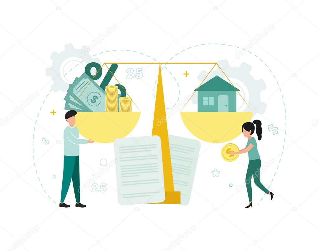Finance. Mortgage. People near the scales and documents, in the bowls bills, percent, stacks of coins, house, against the background of gears, numbers, dollar sign. Vector illustration