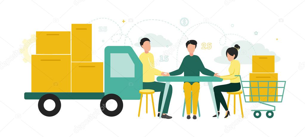 Finance. Factoring. People are sitting at the table, to their left is a truck with boxes, to the right is a cart with boxes, with gears in the background. Vector illustration