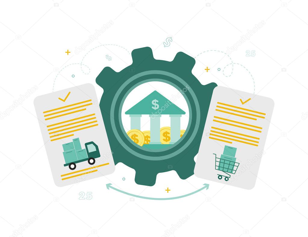 Finance. Factoring. There is a banu with coins in the gear, documents with a truck and a cart with boxes on the sides. Vector illustration