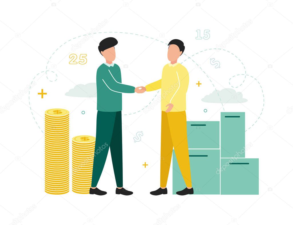 Finance. Forfaiting. Men shake hands, next to them are stacks of coins, boxes, against a background of clouds, numbers, dollar signs. Vector illustration