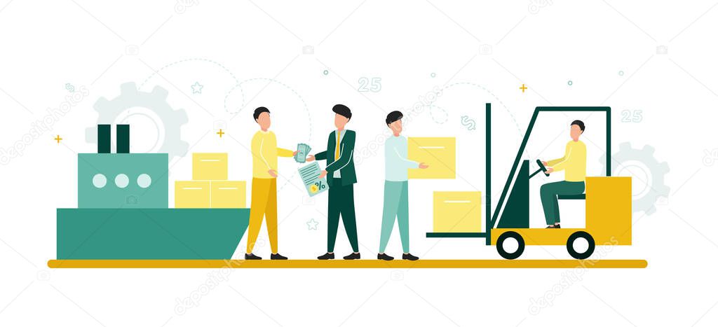 Finance. Forfaiting. A man gives money to a man who gives him a document, on either side of them is a ship with cargo, a loader with boxes. Vector illustration
