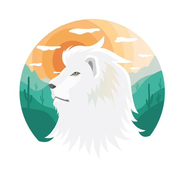 Logotipo de leão branco, em um fundo de verdes, cacto, sol. emblema de leão branco com a natureza no fundo. Ilustração vetorial. —  Vetores de Stock