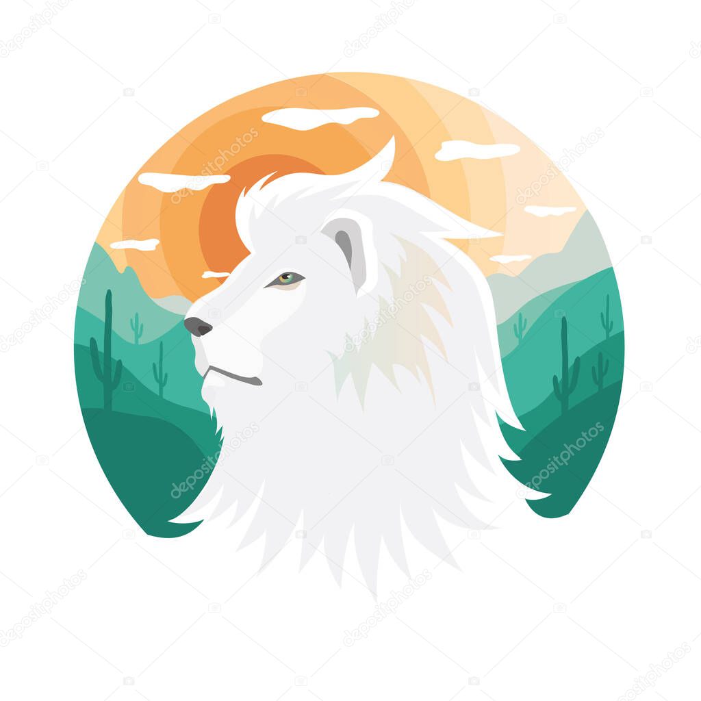 White lion logo, on a background of greens, cactus, sun. White lion emblem with nature on the background. Vector illustration
