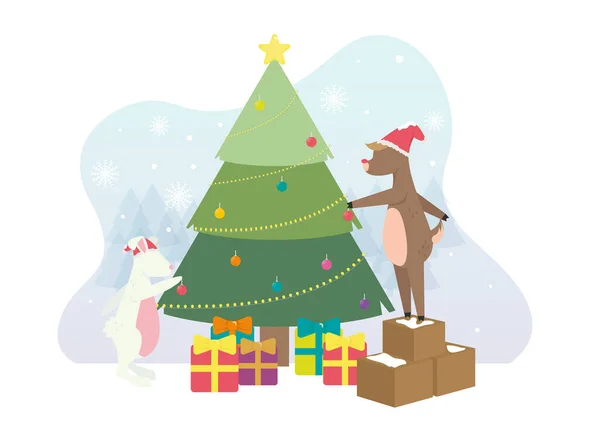Yeni yıl. Noel zamanı. Yılbaşı şapkalı bir geyik ve bir tavşan Noel ağacını oyuncaklarla süslüyor. Yanlarında da hediye kutuları var. Vektör illüstrasyonu