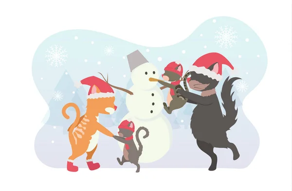 Nieuwjaar Kerstmis Katten Met Kittens Nieuwjaarshoed Sjaals Bij Een Sneeuwpop — Stockvector