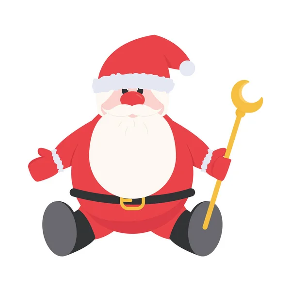 Die Figur. Der Weihnachtsmann sitzt mit einem Stab in der Hand. Vektorillustration — Stockvektor