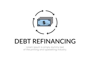 Mali işler. Borç yeniden finanse ediliyor. Bir ok çemberinin içinde, dolar banknotları, yazıt borçlarının yeniden finanse edilmesi. Vektör illüstrasyonu.