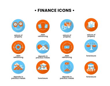 Mali işler. Mülke el koyma, haciz, borç yeniden finanse etme, değerli metallerde mevduat gibi simgelerin vektör çizimi.