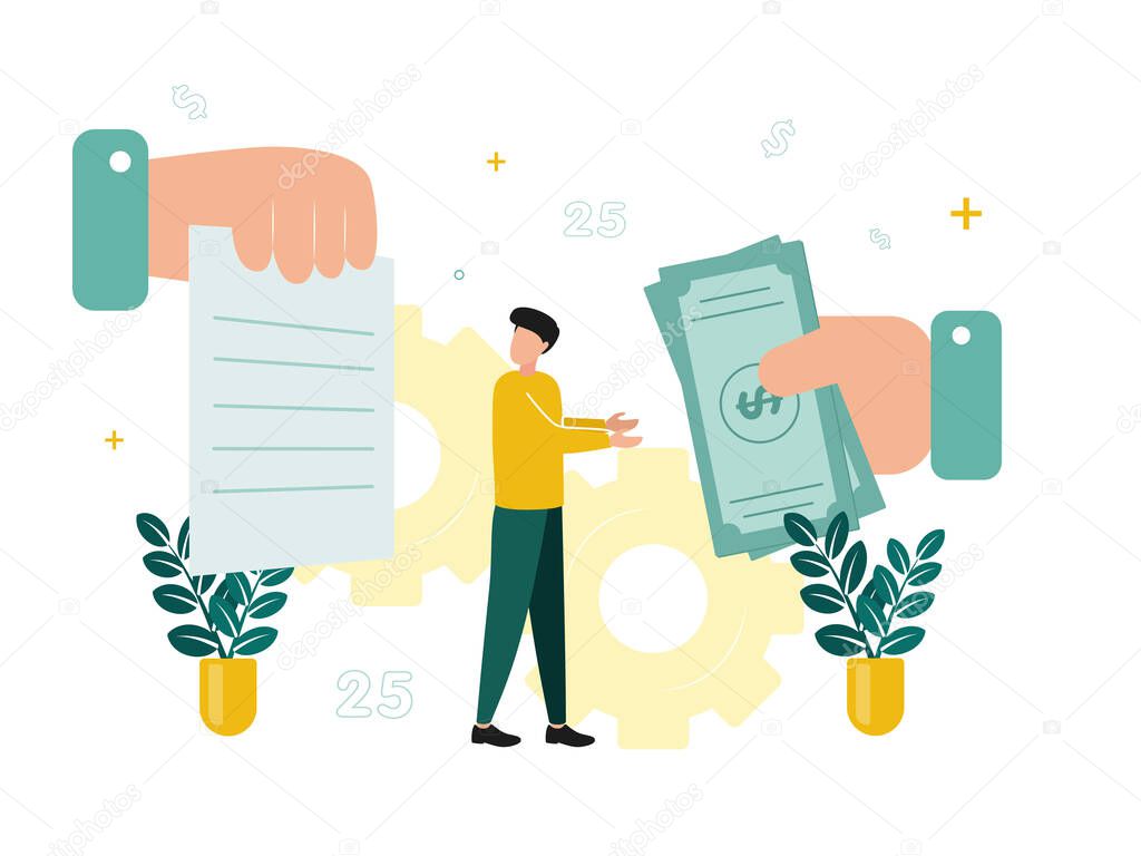 Finance. Financial intermediaries. The man reaches for the bills that the big hand gives, looks at the document that the hand is holding, against the background of the gear. Vector illustration.