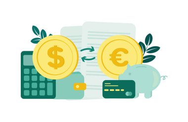 Mali işler. Uluslararası Para Takası. Dolar ve euro bozuklukları arasında, ciro okları, yanlarında bir hesap makinesi, cüzdan, kart, kumbara, belgeler. Vektör illüstrasyonu.