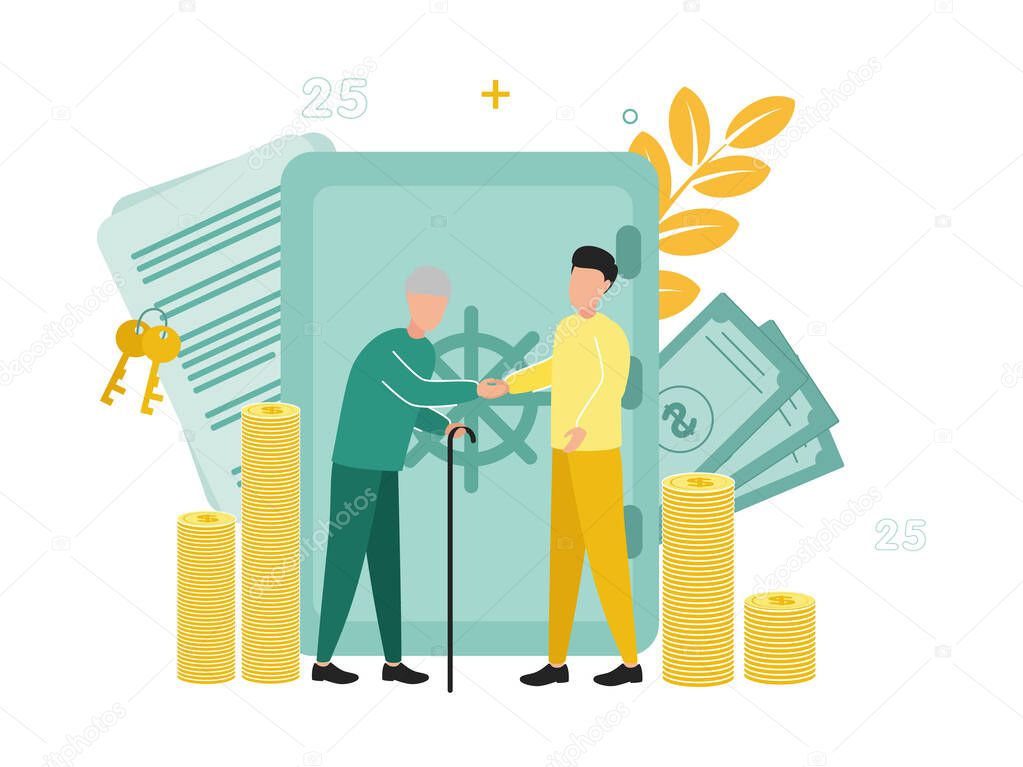 Finance. Trust, fiduciary services. A man and an elderly man shake hands near the safe, next to documents, keys, bills and stacks of coins. Vector illustration.