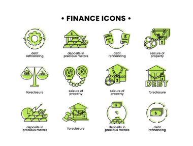 Mali işler. Mülke el koyma, haciz, borç yeniden finanse etme, değerli metallerde mevduat gibi simgelerin vektör çizimi