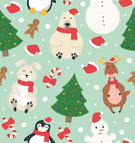 Padrão de ano novo sem costura com veados, urso, boneco de neve, pinguim, lebre, homem de gengibre, árvore de Natal. Ilustração vetorial —  Vetores de Stock