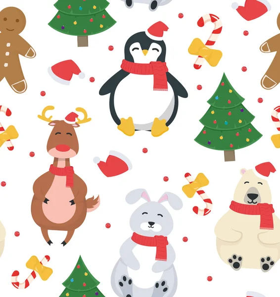 Naadloos patroon. Kerst illustratie met dennenboom, hert, pinguïn, konijn, ijsbeer, karamel en peperkoek man. Illustratie met nieuwjaarskarakters. Vectorillustratie. — Stockvector