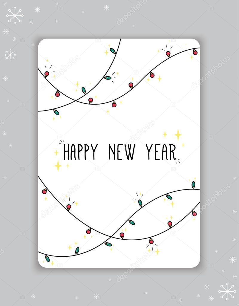 New Years, Christmas postcard. Festive garland around the letters Happy New Year, on the background of a snowflake, doodle. Vector illustration