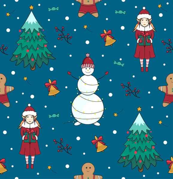 Бесшовный Узор Рождественской Елкой Снеговиком Келли Колокольчиком Новый Год Рождество — стоковый вектор