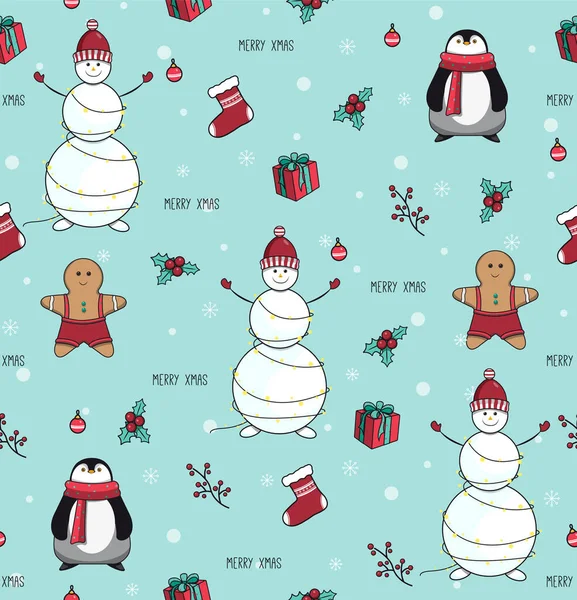 Бесшовный Узор Снеговиком Печеньем Пингвином Носком Подарков Новый Год Рождество — стоковый вектор