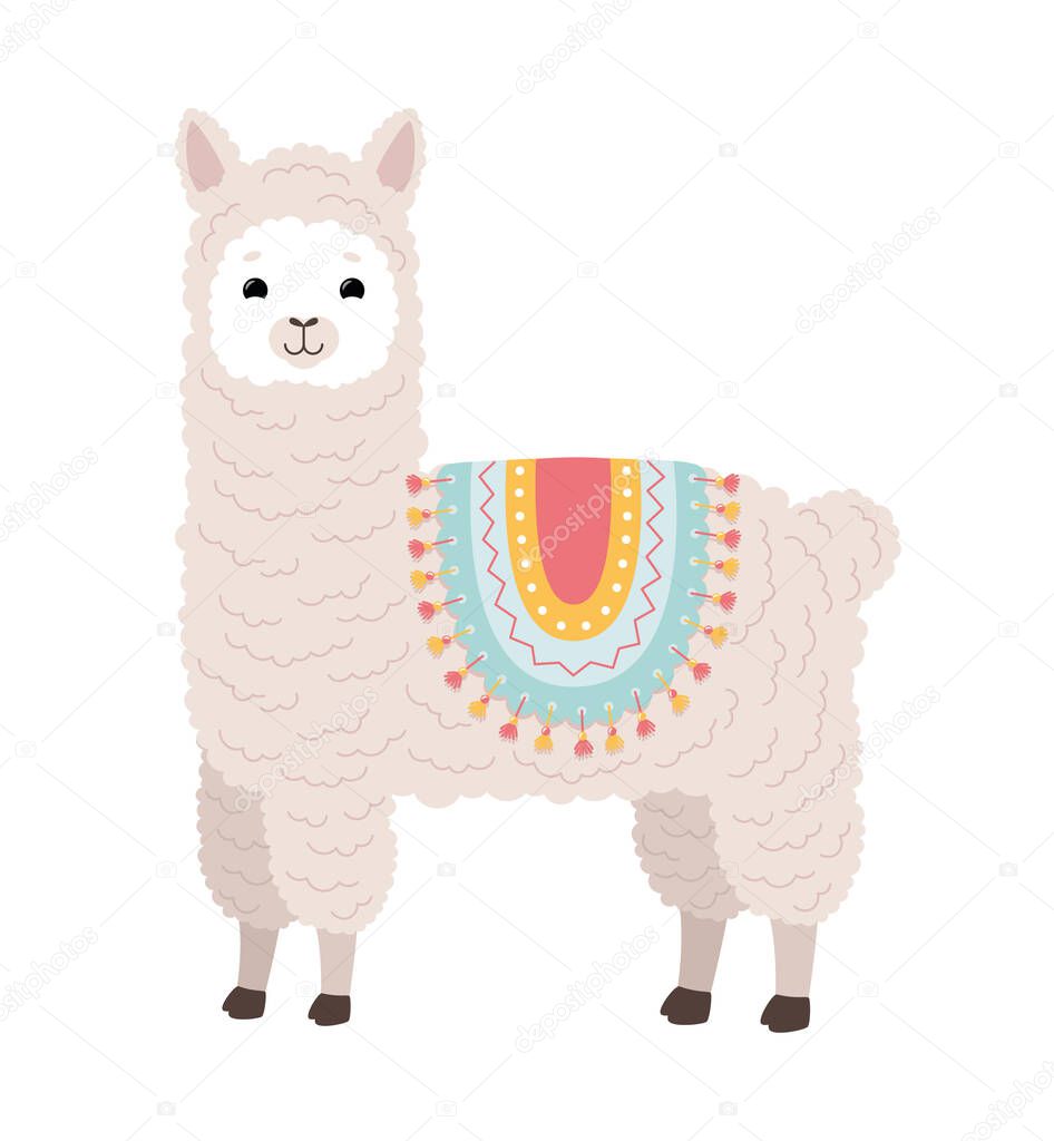The character. Alpaca with a cape on the back. Vector illustration.